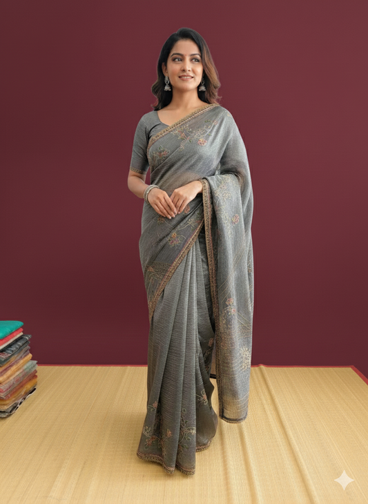Crushed Tissue Saree With Embroidery