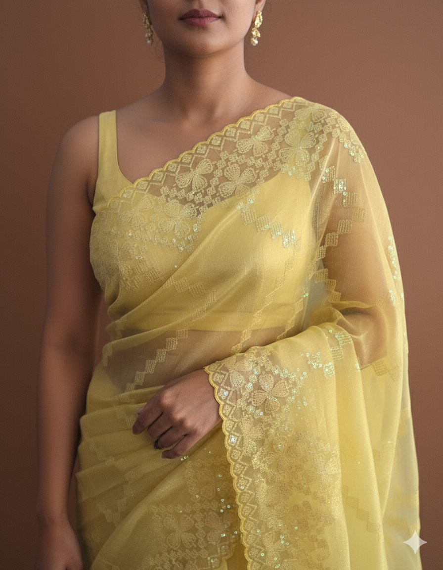 Organza Sequins Embroidery Saree