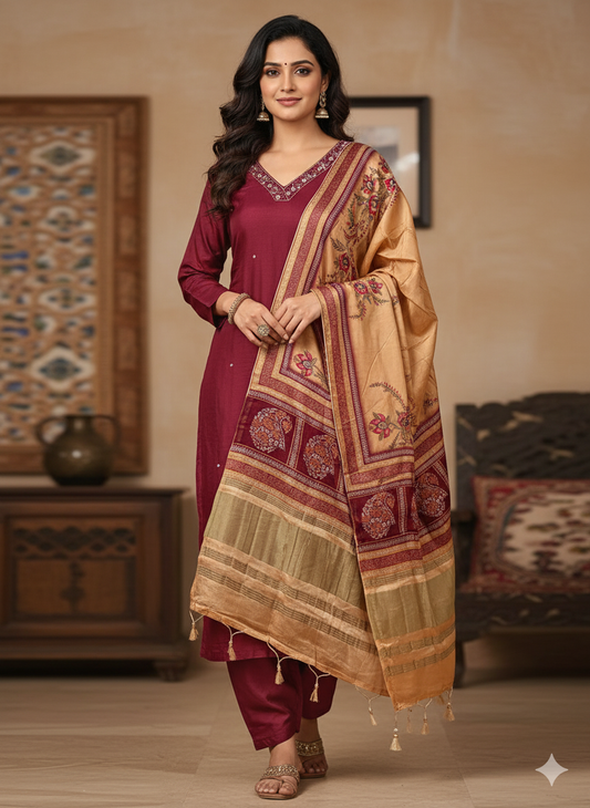 Silk Suit with Printed Gaji Silk Dupatta