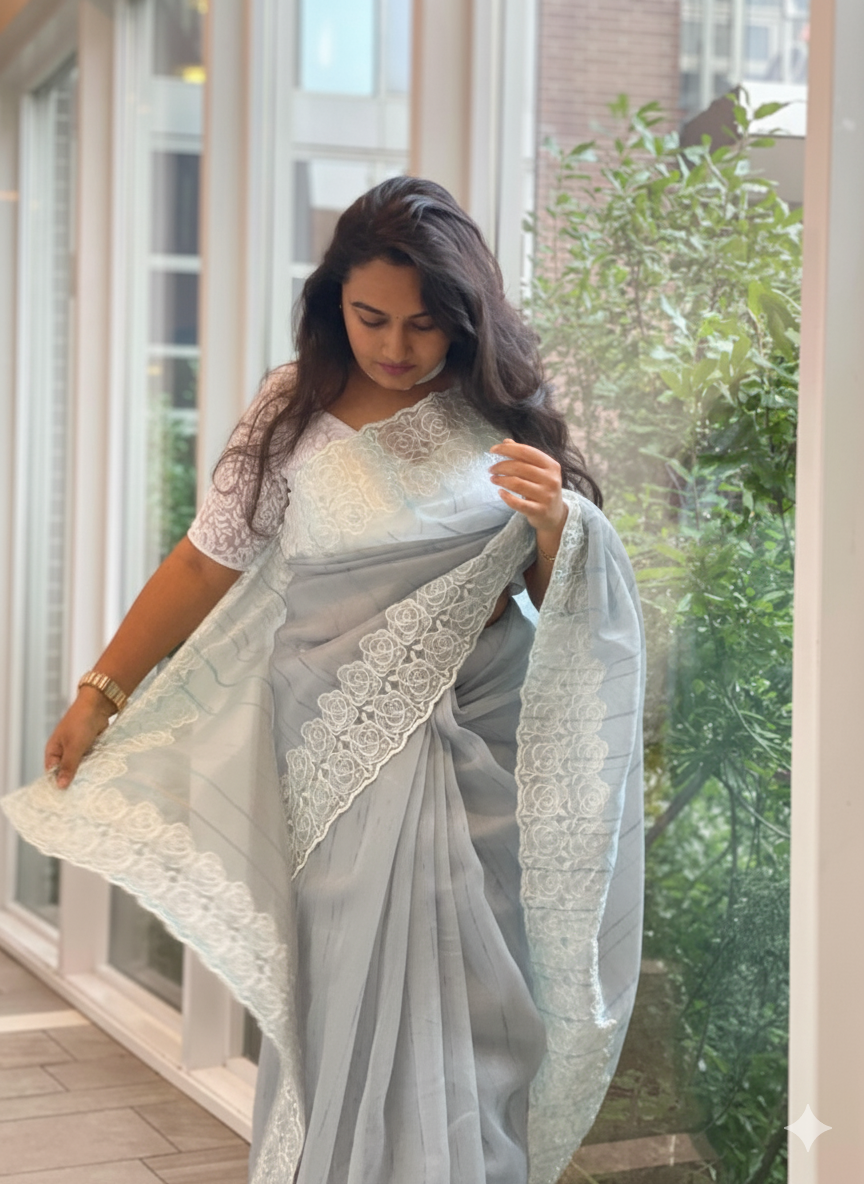 Organza Saree With Intricate Floral Embroidery