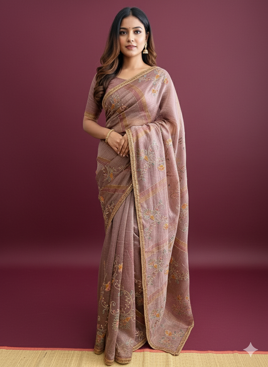 Crushed Tissue Saree With Embroidery
