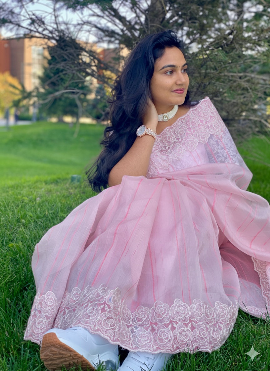 Organza Saree With Intricate Floral Embroidery