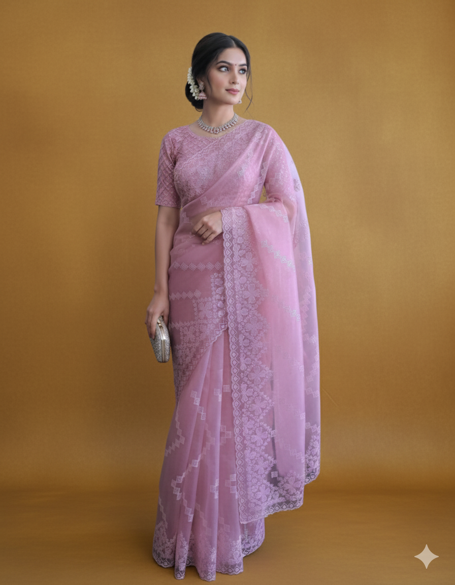 Organza Sequins Embroidery Saree