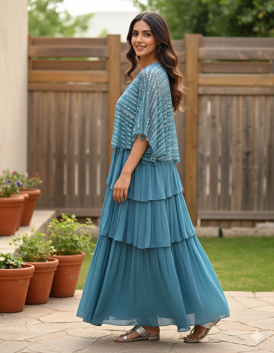 Georgette Frilled Gown With Removable Cape