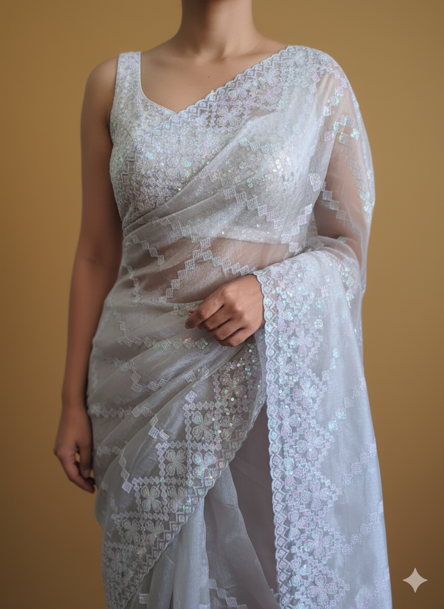 Organza Sequins Embroidery Saree