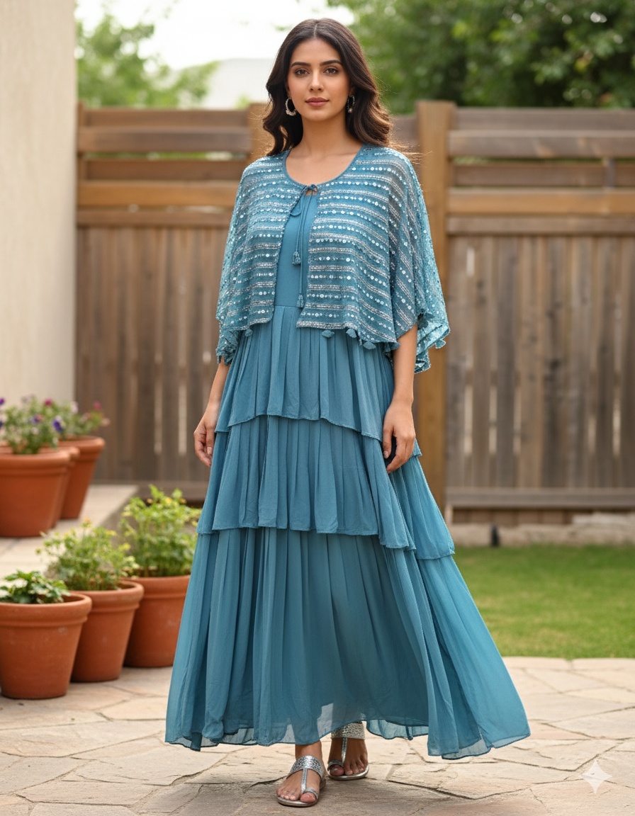 Georgette Frilled Gown With Removable Cape