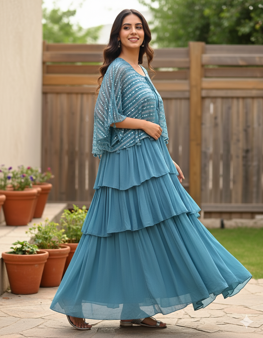 Georgette Frilled Gown With Removable Cape