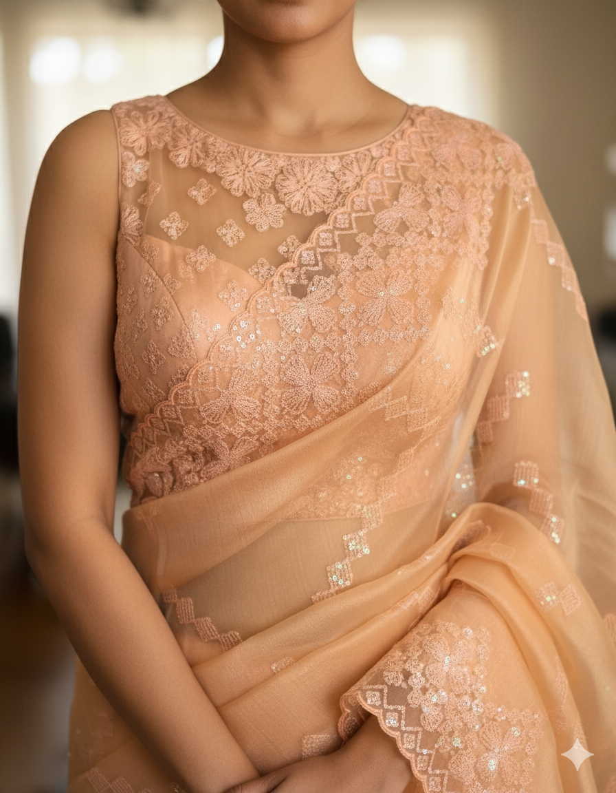 Organza Sequins Embroidery Saree