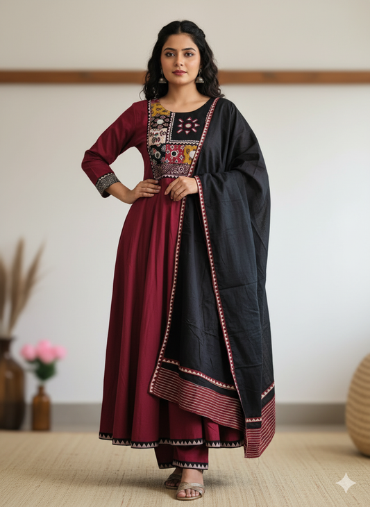 Cotton Anarkali Suit With Ajrakh Prints