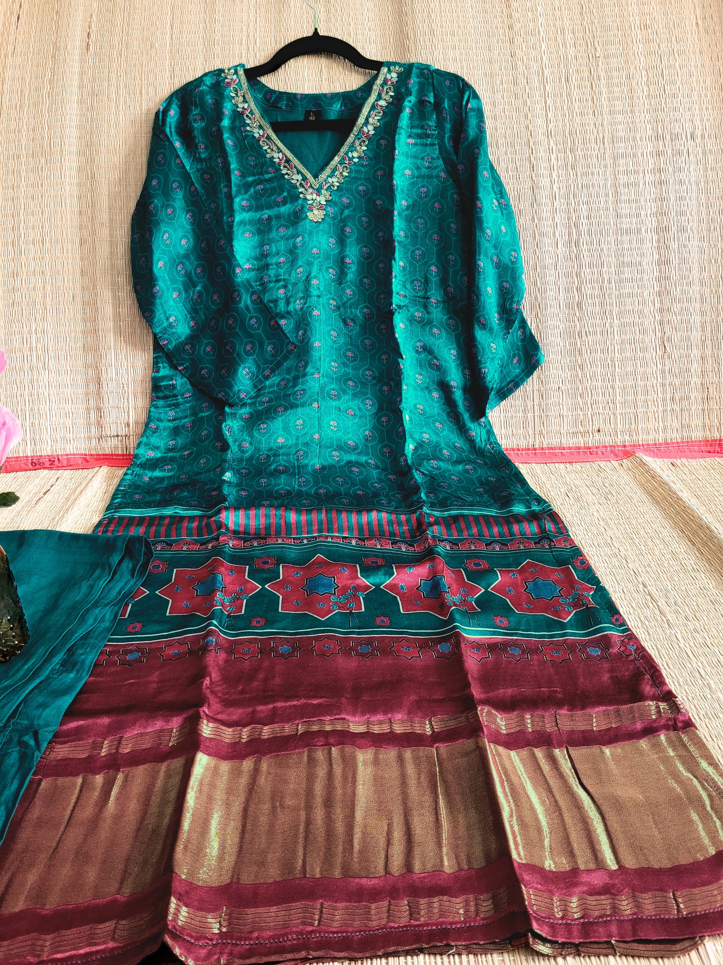 Ajrakh Printed Gaji Silk Kurti Set