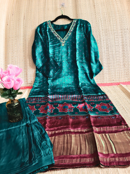 Ajrakh Printed Gaji Silk Kurti Set