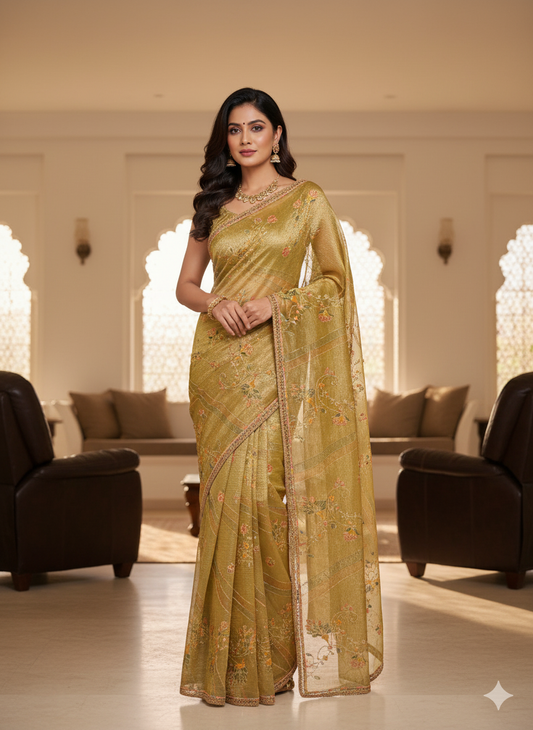 Crushed Tissue Saree With Embroidery