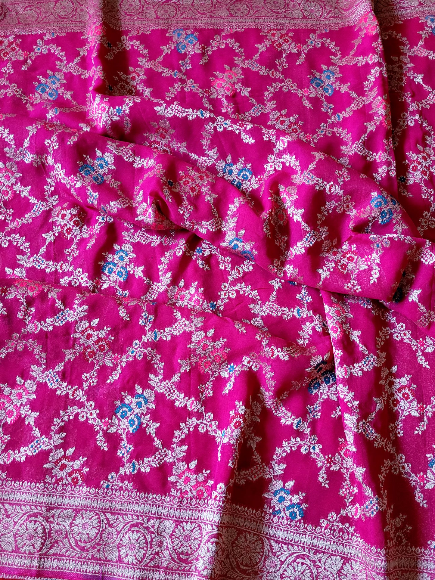 Pure Georgette Banaras Saree With Satin Silk Blouse