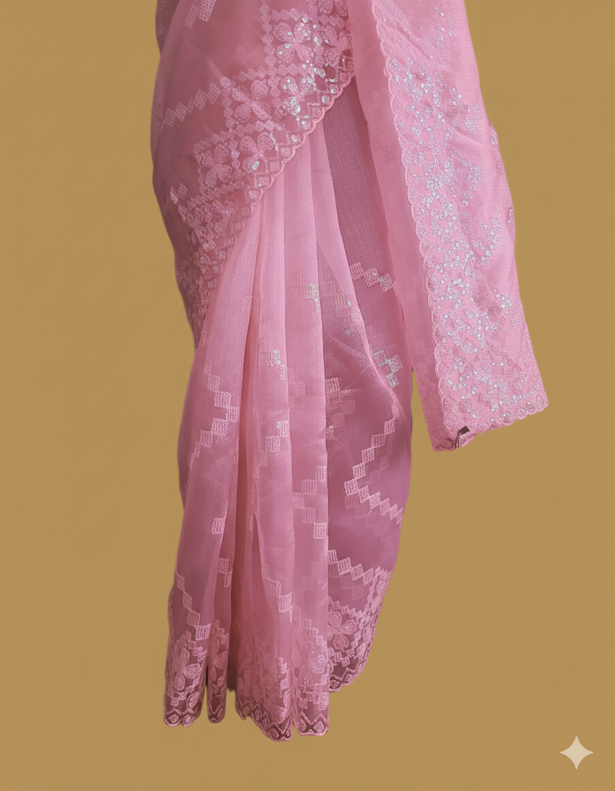 Organza Sequins Embroidery Saree