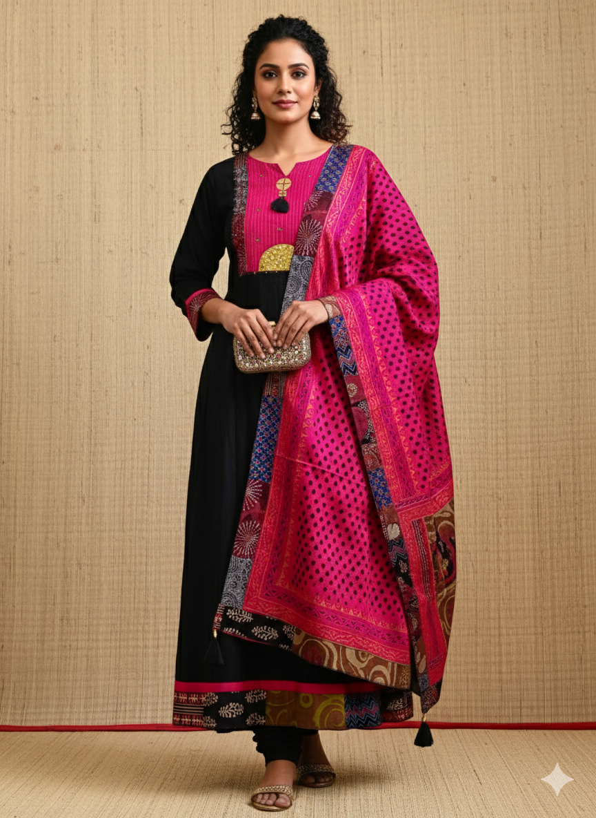 Modal Silk Anarkali Suit With Ajrakh Prints