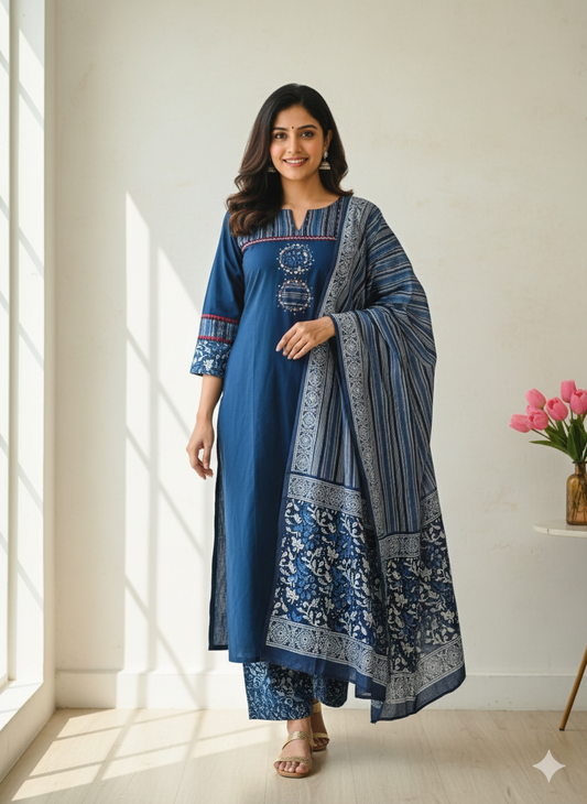 Cotton Anarkali Suit With Ajrakh Prints