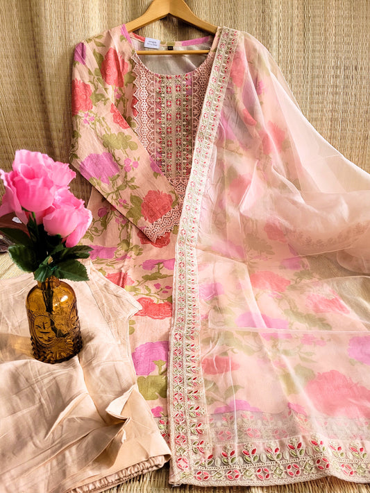 Linen Printed Salwar With Organza Dupatta