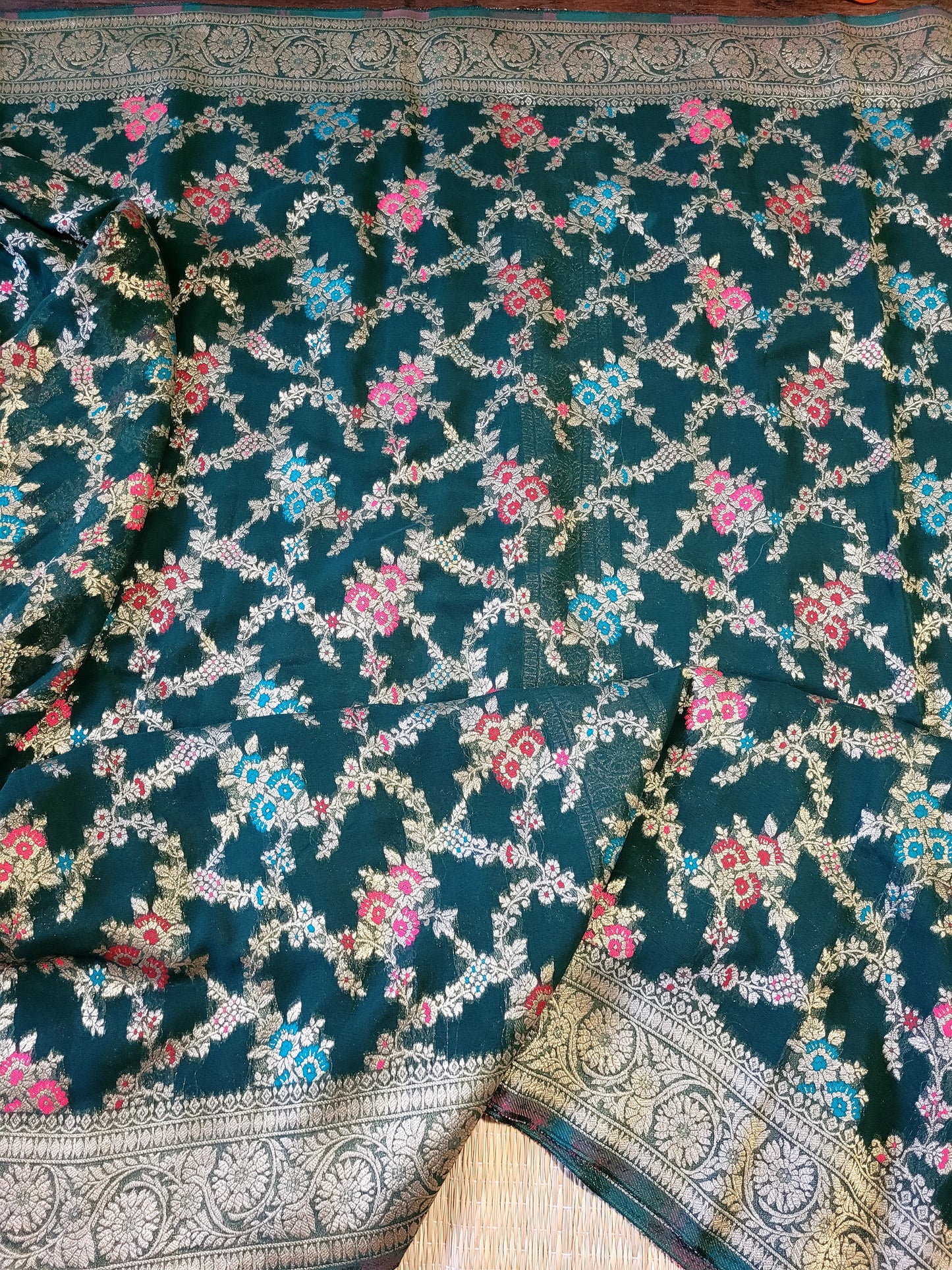 Pure Georgette Banaras Saree With Embroidery Blouse