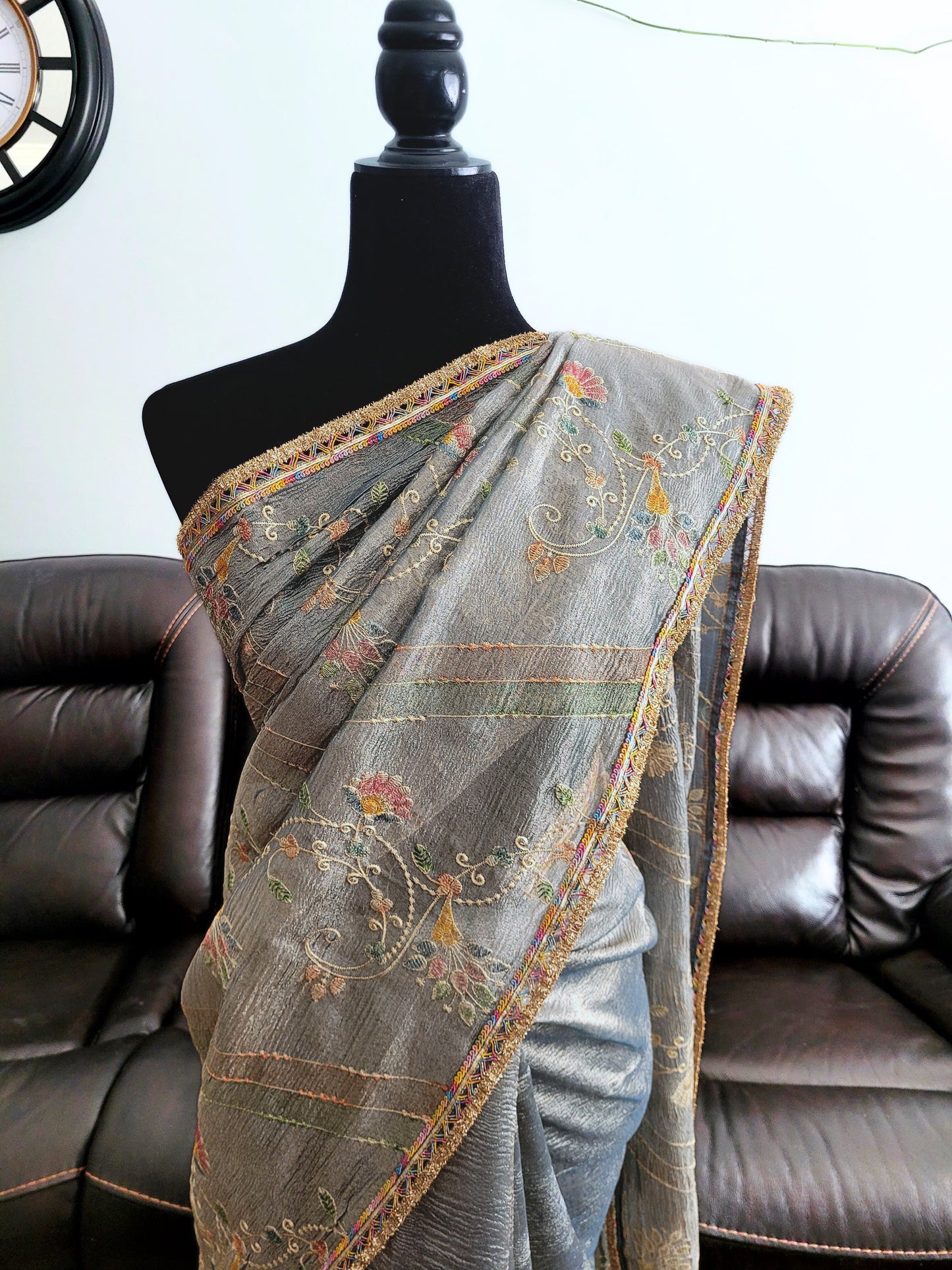 Crushed Tissue Saree With Embroidery