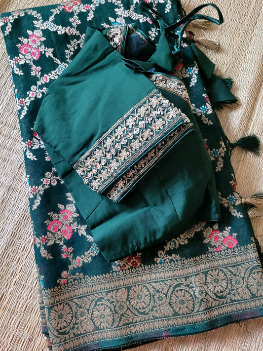 Pure Georgette Banaras Saree With Embroidery Blouse