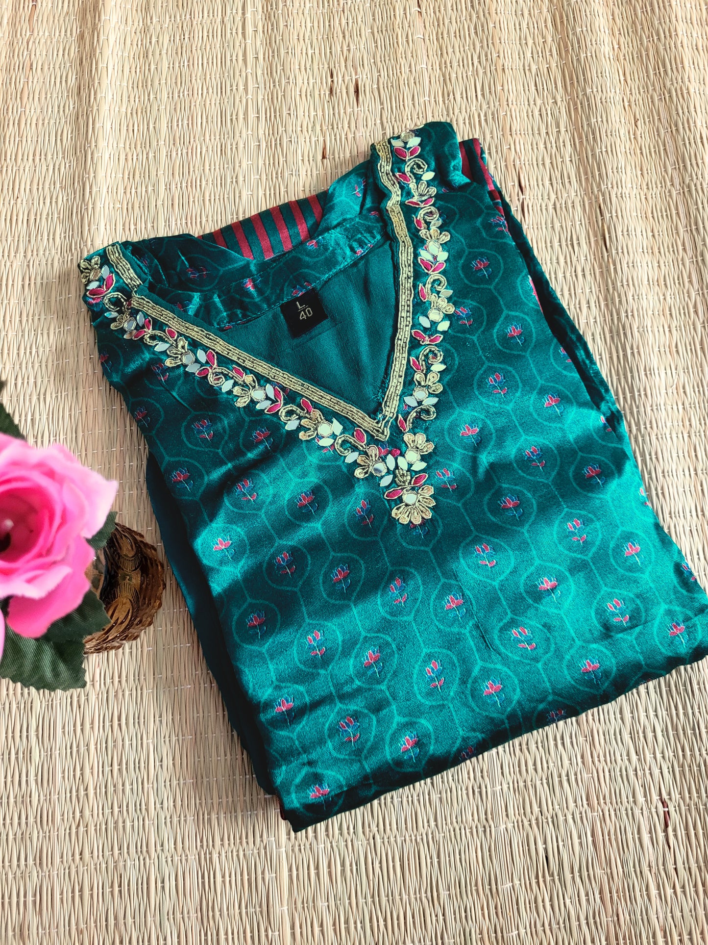 Ajrakh Printed Gaji Silk Kurti Set