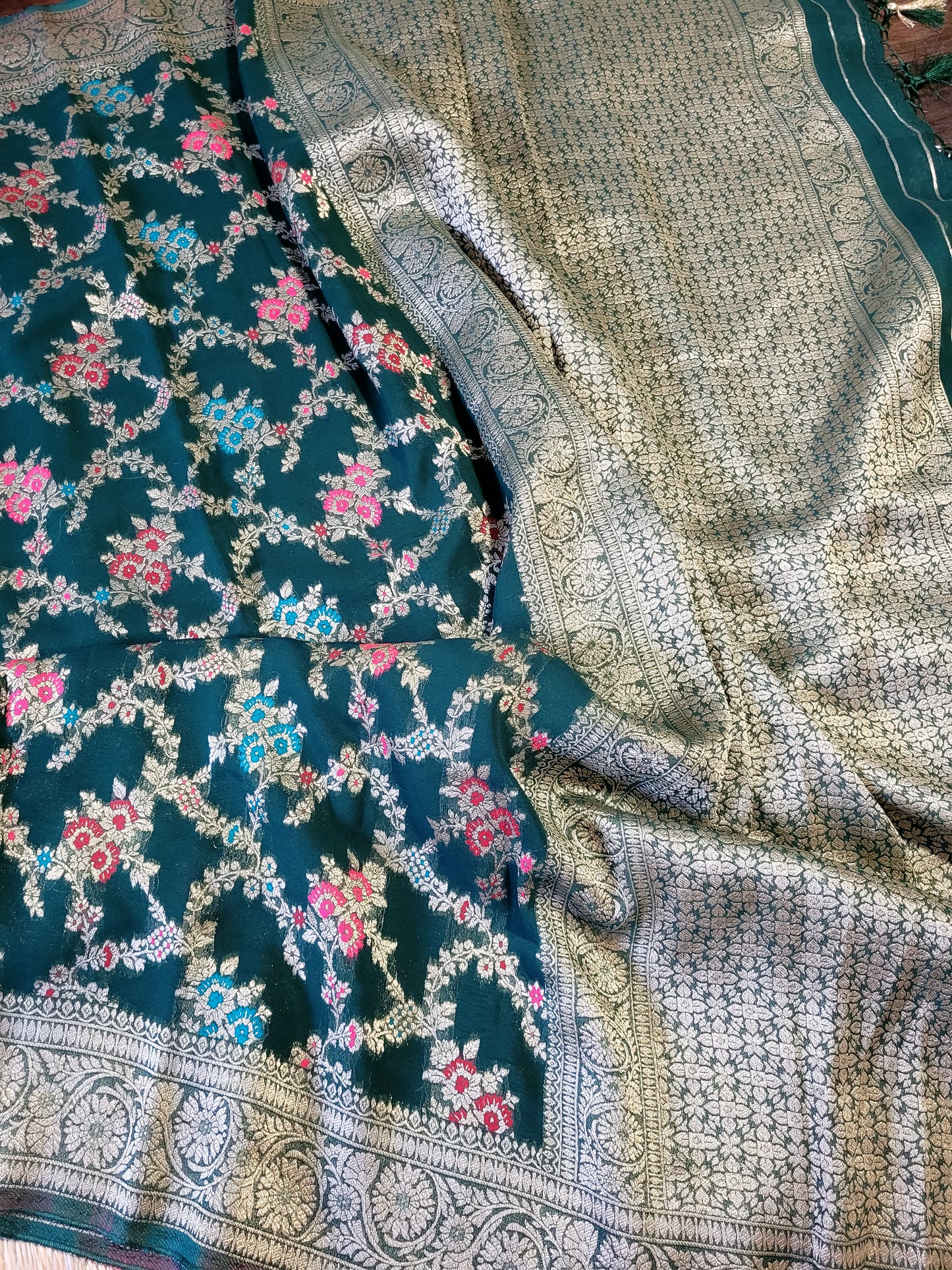 Pure Georgette Banaras Saree With Embroidery Blouse