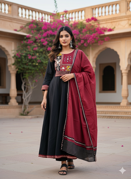Cotton Anarkali Suit With Ajrakh Prints