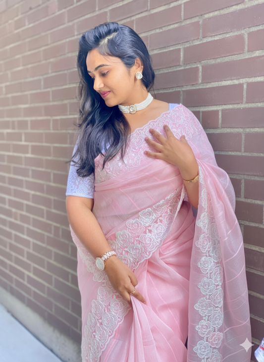 Organza Saree With Intricate Floral Embroidery