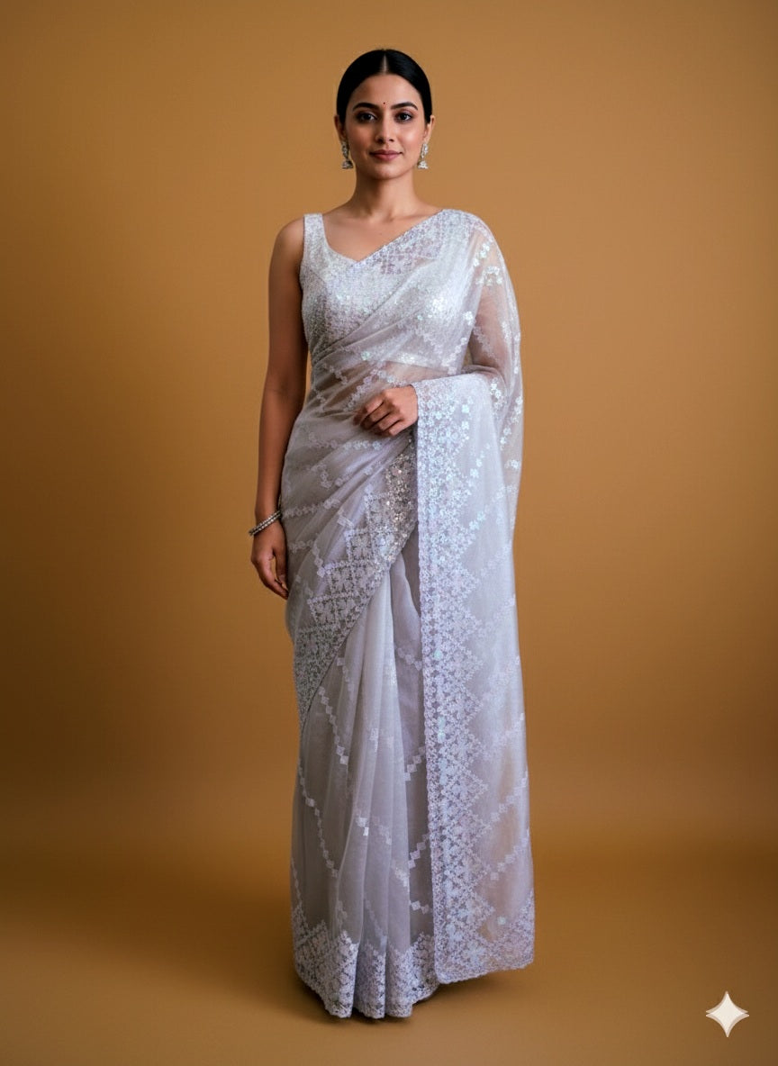 Organza Sequins Embroidery Saree