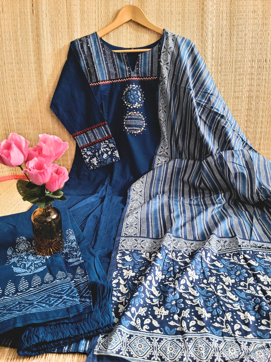 Cotton Anarkali Suit With Ajrakh Prints