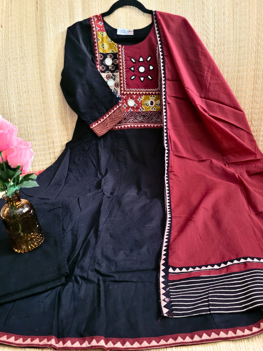 Cotton Anarkali Suit With Ajrakh Prints