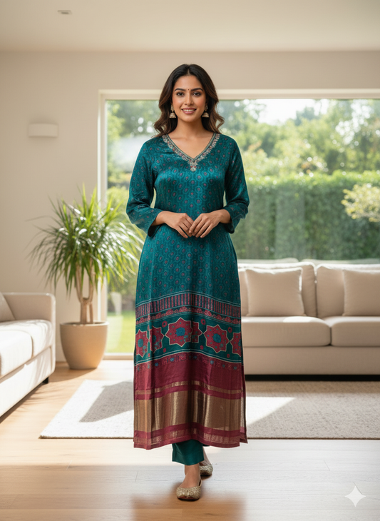 Ajrakh Printed Gaji Silk Kurti Set