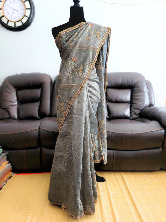 Crushed Tissue Saree With Embroidery
