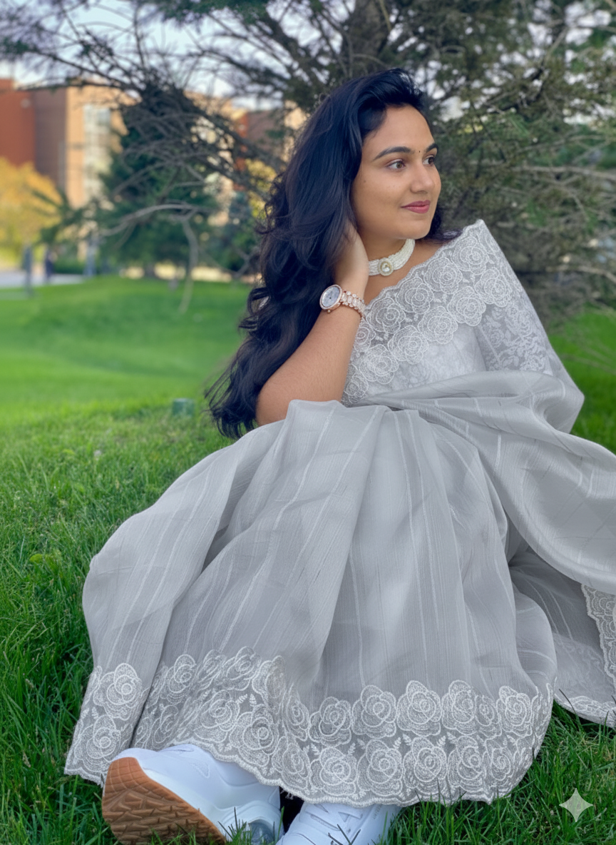 Organza Saree With Intricate Floral Embroidery