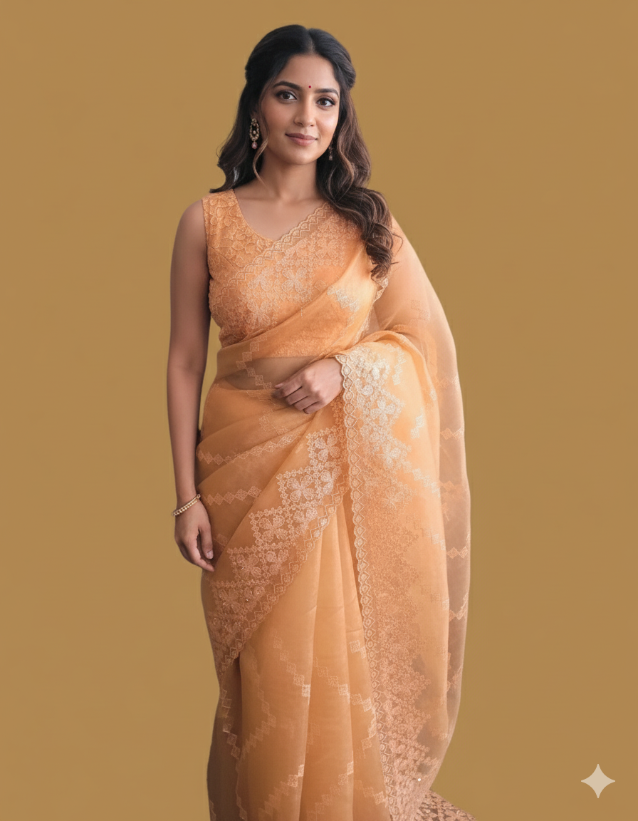 Organza Sequins Embroidery Saree