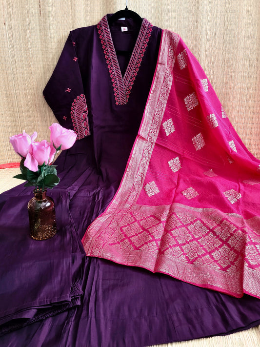 Roman Silk Anarkali Suit With Banarasi Dupatta