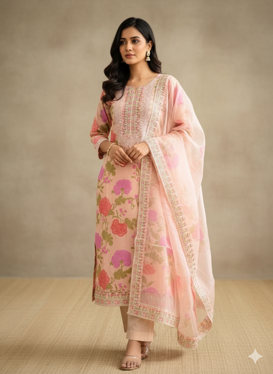 Linen Printed Salwar With Organza Dupatta